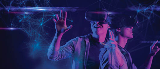 Teenager having fun play metaverse VR virtual reality glasses Esport game futuristic neon colorful background, future digital technology NFT game and entertainment