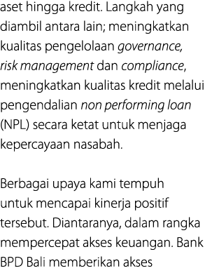 aset hingga kredit. Langkah yang diambil antara lain; meningkatkan kualitas pengelolaan governance, risk management d...