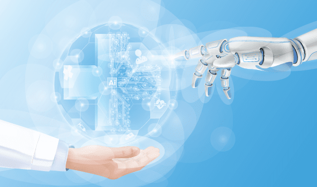 Robot hand ai artificial intelligence assistance touching medical sign symbol blue cross virtual simulation in doctor hand. Innovative technologies in medical health care futuristic. 3D Vector EPS10.