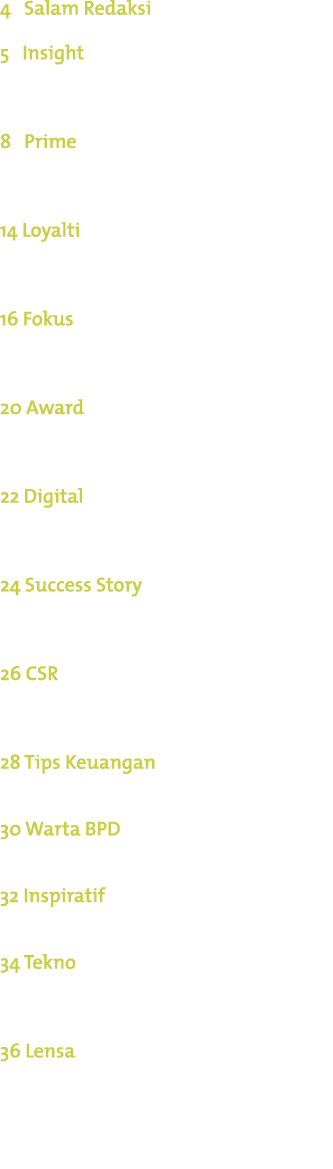 4 Salam Redaksi 5 Insight Tumbuh Kuat dan Berkembang Dengan Digitalisasi 8 Prime Bank Daerah Pertama Penerbit Kartu K...