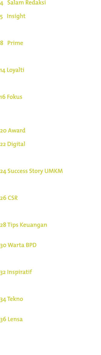 4 Salam Redaksi 5 Insight Membantu Desa Dengan Koneksi Siskeudes 8 Prime Bank BPD Bali Merintis Jalan Go Internationa...
