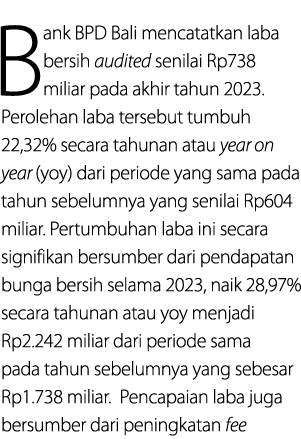 Bank BPD Bali mencatatkan laba bersih audited senilai Rp738 miliar pada akhir tahun 2023. Perolehan laba tersebut tum...